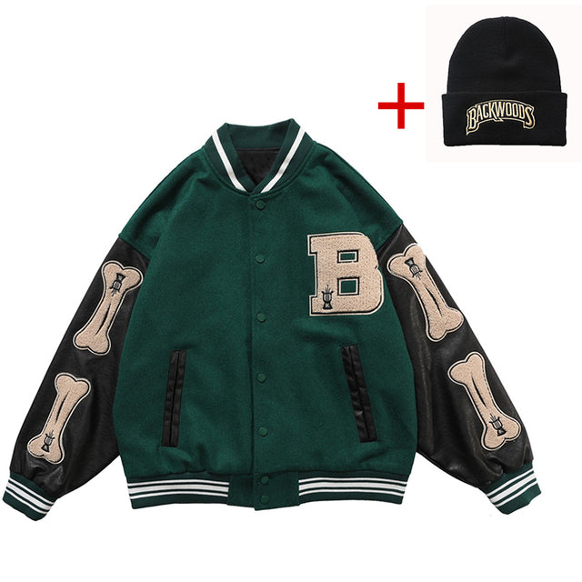 Women Baseball Letter Varsity Bomber Leather Cotton Coat
