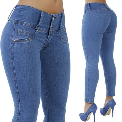 New Mid High Waist Denim Solid Sexy Slim Jeans