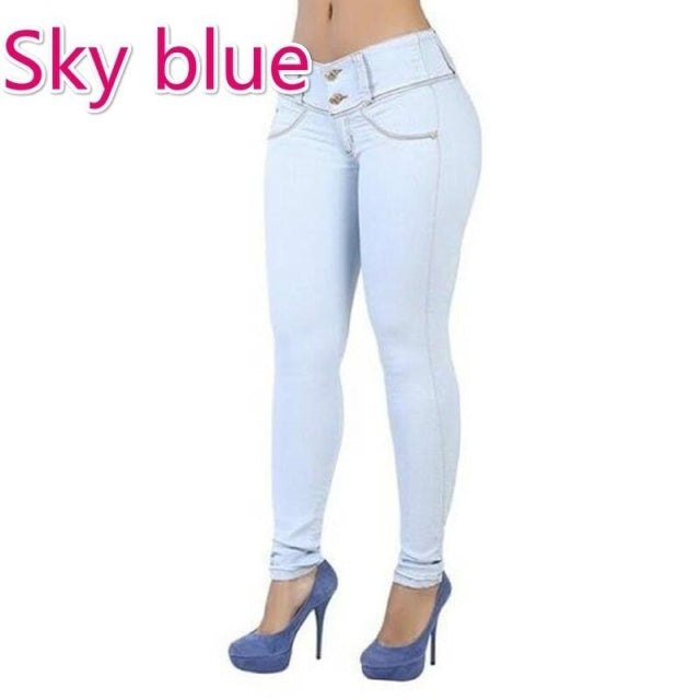 New Mid High Waist Denim Solid Sexy Slim Jeans