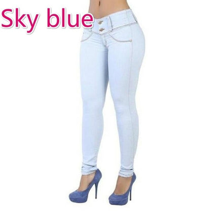 New Mid High Waist Denim Solid Sexy Slim Jeans
