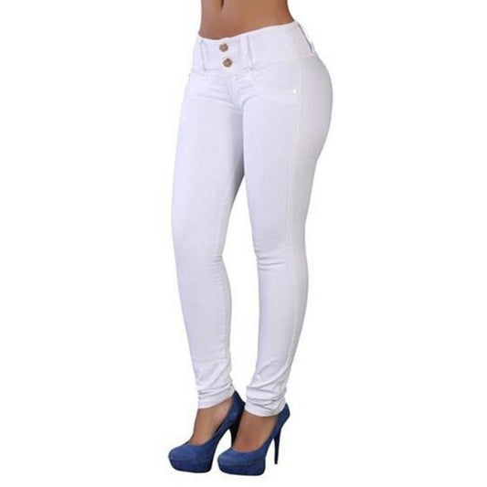 New Mid High Waist Denim Solid Sexy Slim Jeans