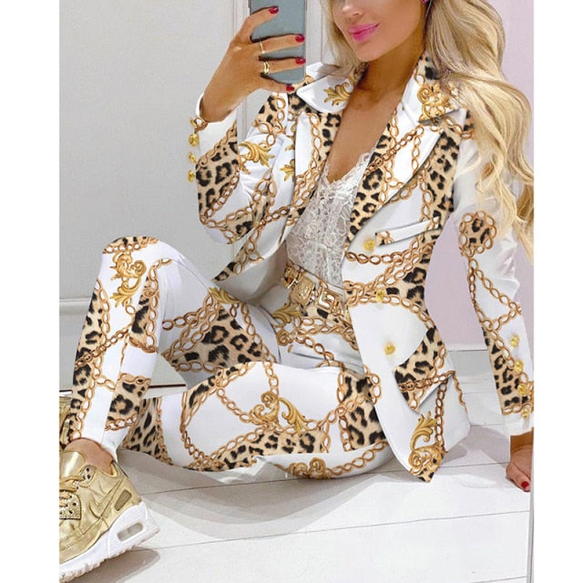 Two Piece Women Blazer Print Suit