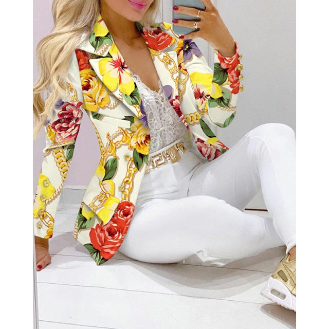 Two Piece Women Blazer Print Suit