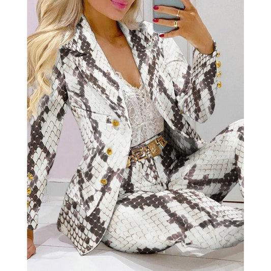 Two Piece Women Blazer Print Suit