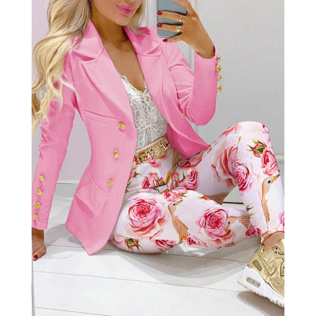 Two Piece Women Blazer Print Suit