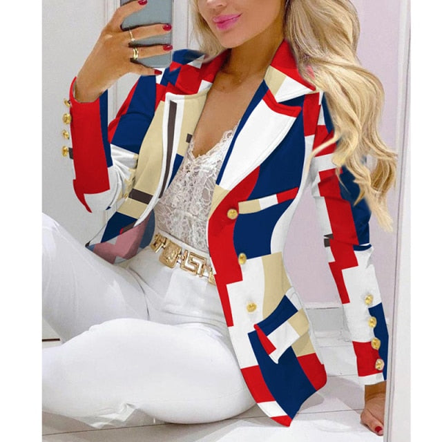 Two Piece Women Blazer Print Suit