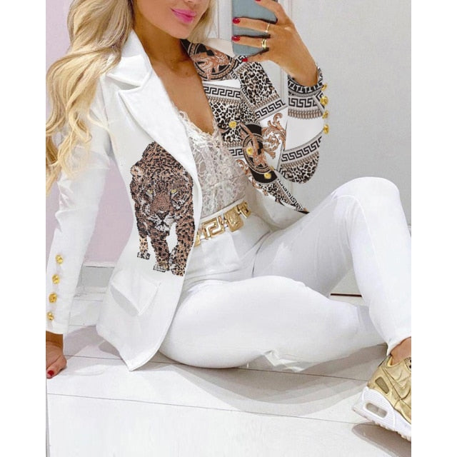 Two Piece Women Blazer Print Suit