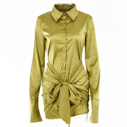 Women Fashion Long Sleeve Bandage Satin Mini Dress