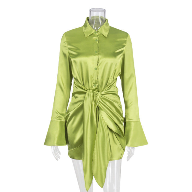 Women Fashion Long Sleeve Bandage Satin Mini Dress