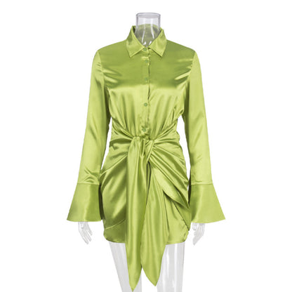 Women Fashion Long Sleeve Bandage Satin Mini Dress