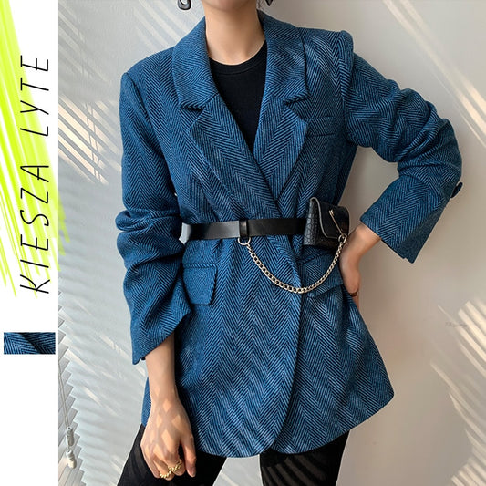 Women Elegant Thick Blue Suit Blazer Jacket