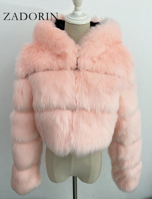 Women High Quality Cropped Faux Fur Fluffy Hooded Coat