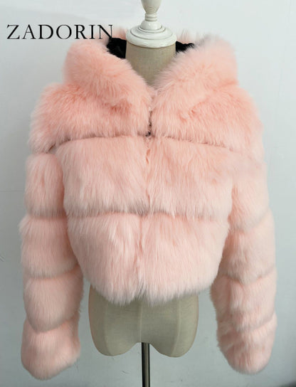 Women High Quality Cropped Faux Fur Fluffy Hooded Coat