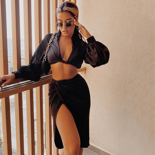 Women Satin 2 Piece Lantern Sleeve V Neck Crop Top Slit Skirt Set