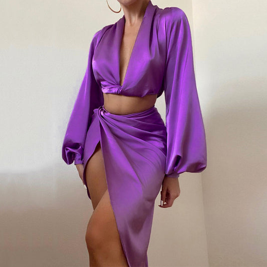 Women Satin 2 Piece Lantern Sleeve V Neck Crop Top Slit Skirt Set