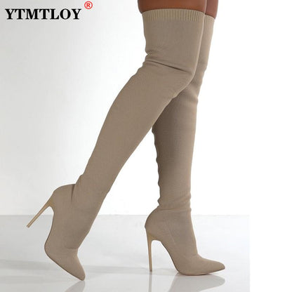 Women Over-the-knee Pointed Toe Thin Heel Slip On Winter Boots