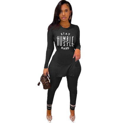 Women Faith Letter Ribbed Knit Two Piece Long Sleeve Shirt Pant Set