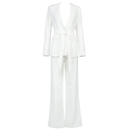 Women Two-piece Long Sleeve Lace-Up Blazer and Pants Sexy Fashion Set