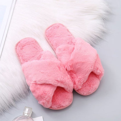 Women Cozy Fur Cross Slides