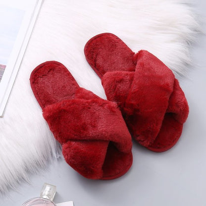 Women Cozy Fur Cross Slides