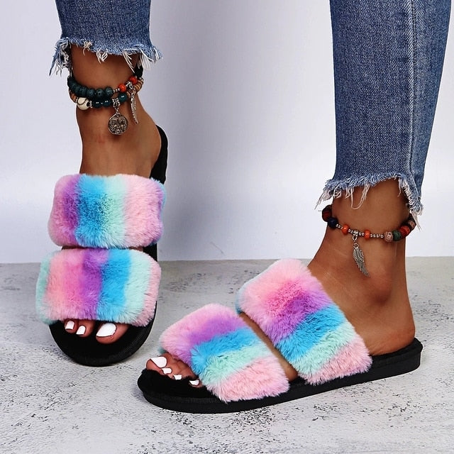 Women Cozy Fur Cross Slides