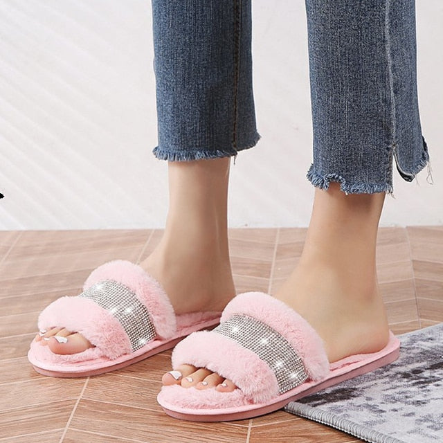Women Cozy Fur Cross Slides