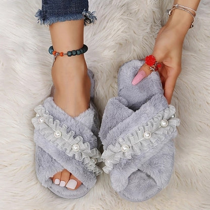 Women Cozy Fur Cross Slides