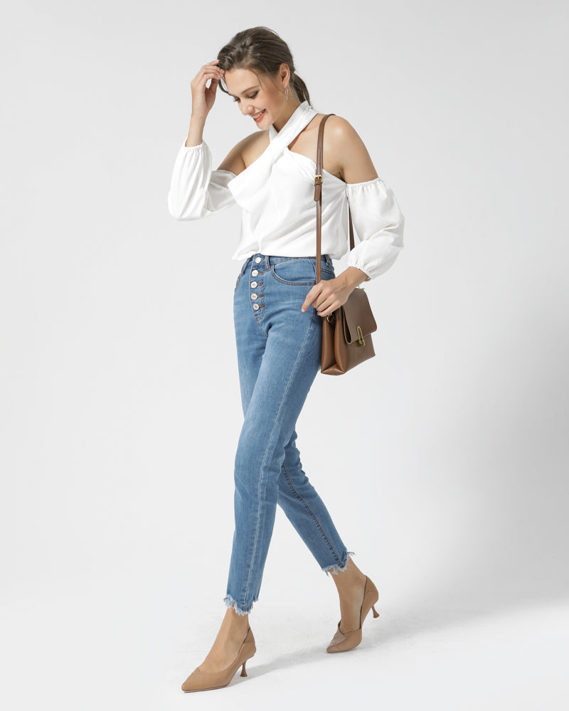 Women High Waist Stretchy Skinny Multi-Button Jeans