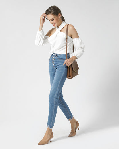 Women High Waist Stretchy Skinny Multi-Button Jeans