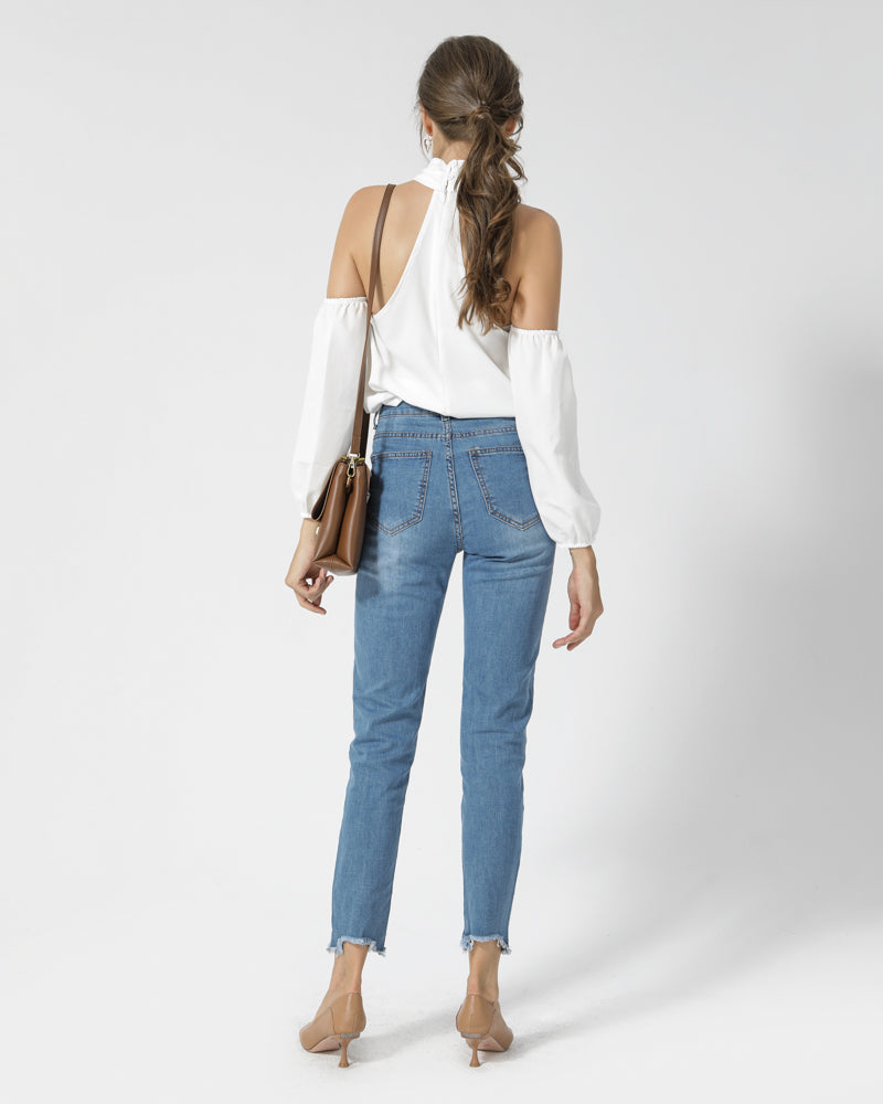 Women High Waist Stretchy Skinny Multi-Button Jeans