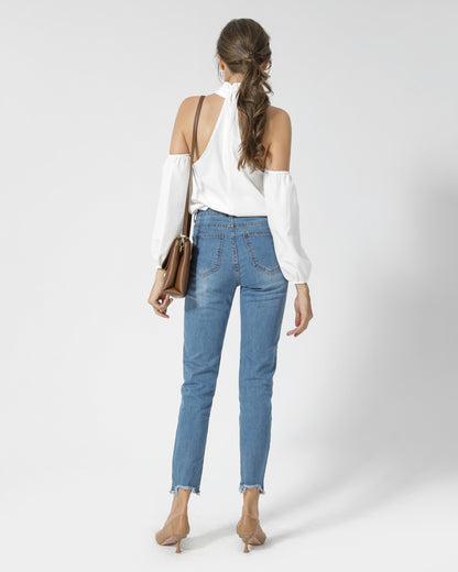 Women High Waist Stretchy Skinny Multi-Button Jeans