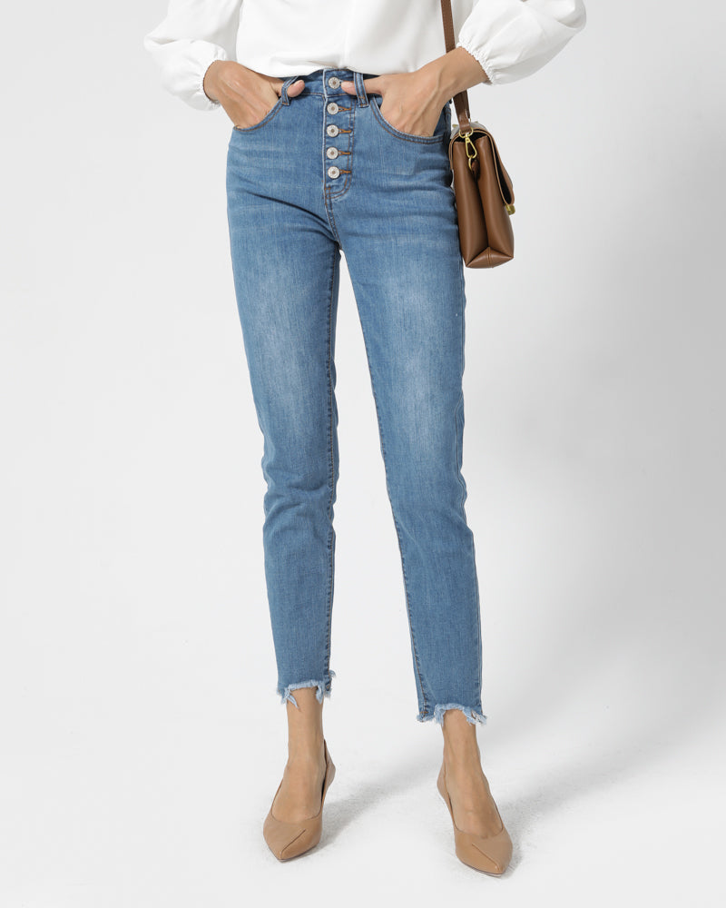 Women High Waist Stretchy Skinny Multi-Button Jeans