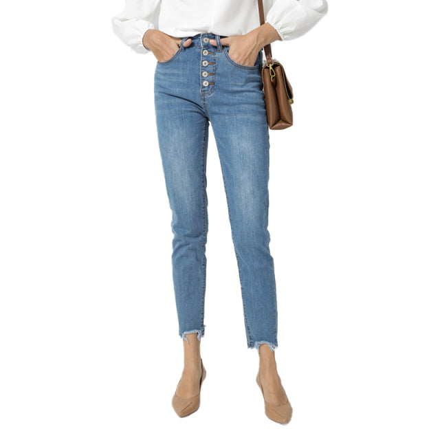 Women High Waist Stretchy Skinny Multi-Button Jeans