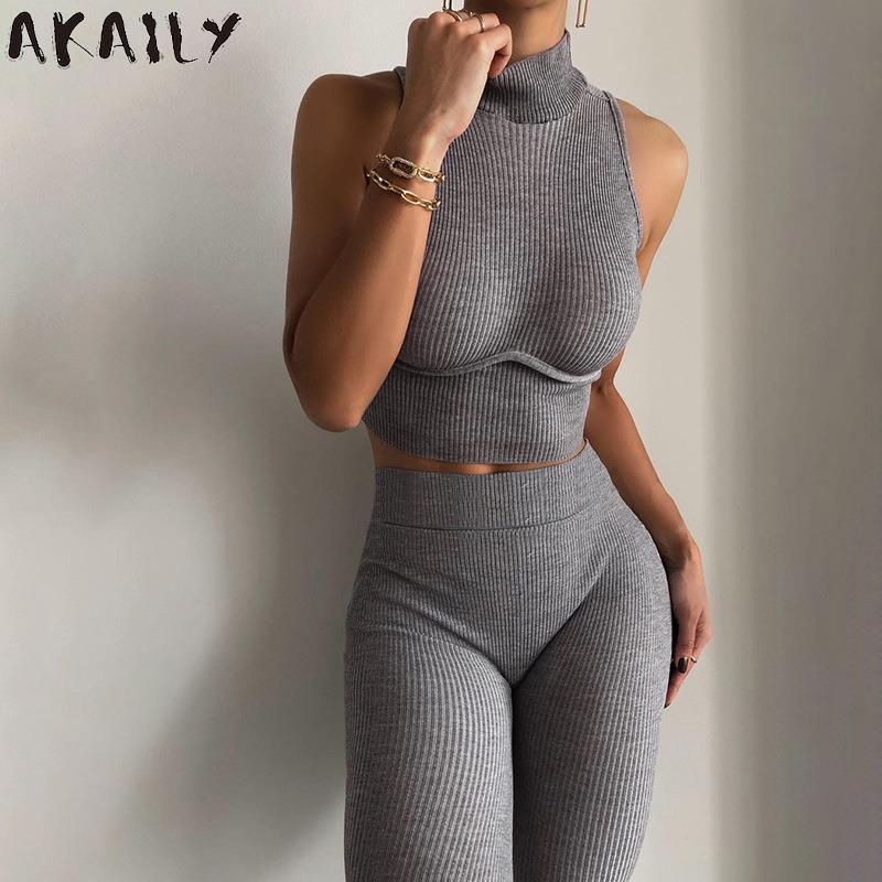 Women Knitted Two Piece Turtleneck Sleeveless Crop Top And Long Pant Sets