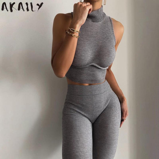 Women Knitted Two Piece Turtleneck Sleeveless Crop Top And Long Pant Sets