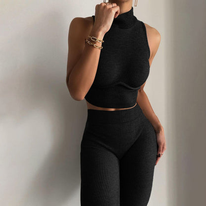 Women Knitted Two Piece Turtleneck Sleeveless Crop Top And Long Pant Sets