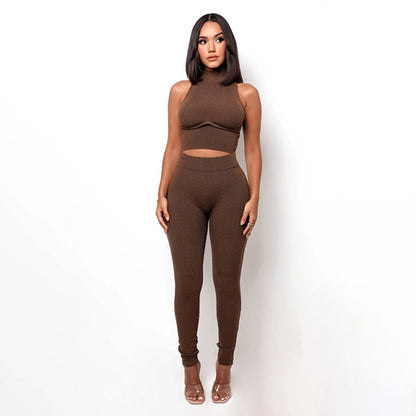 Women Knitted Two Piece Turtleneck Sleeveless Crop Top And Long Pant Sets