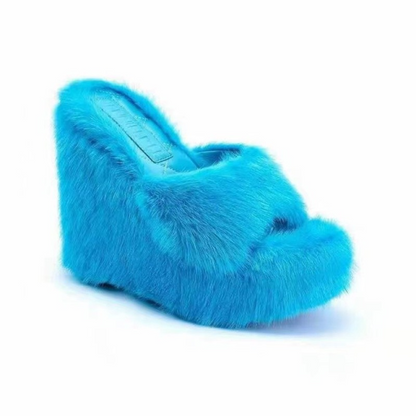 New Fur High Heel Wedges Slippers