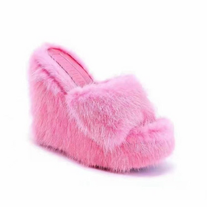 New Fur High Heel Wedges Slippers