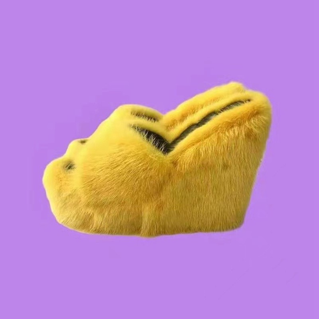 New Fur High Heel Wedges Slippers