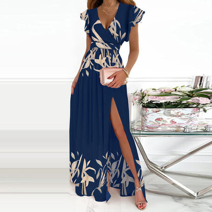 Women Solid Slim V Neck High Waist Casual Maxi Dress