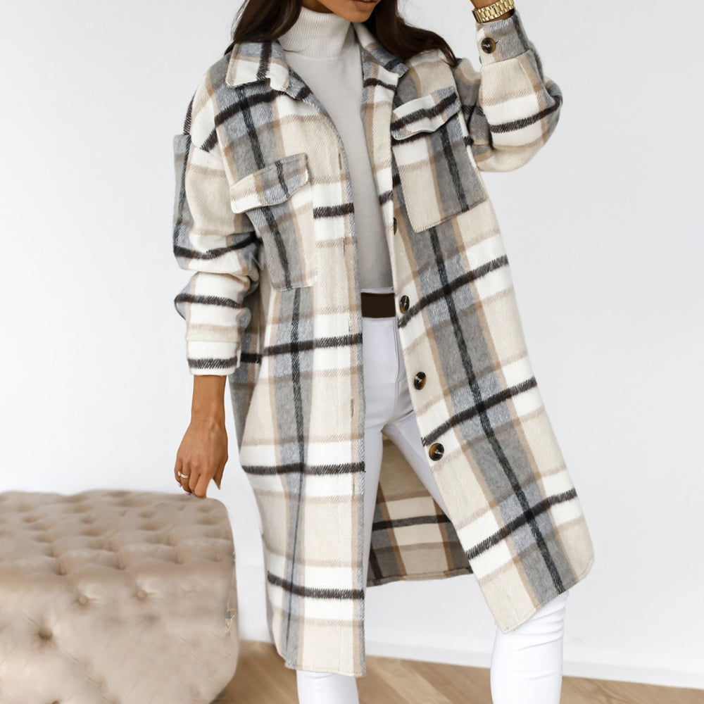 Women Checked Casual Turn Down Collar Plaid Long Oversized Coat