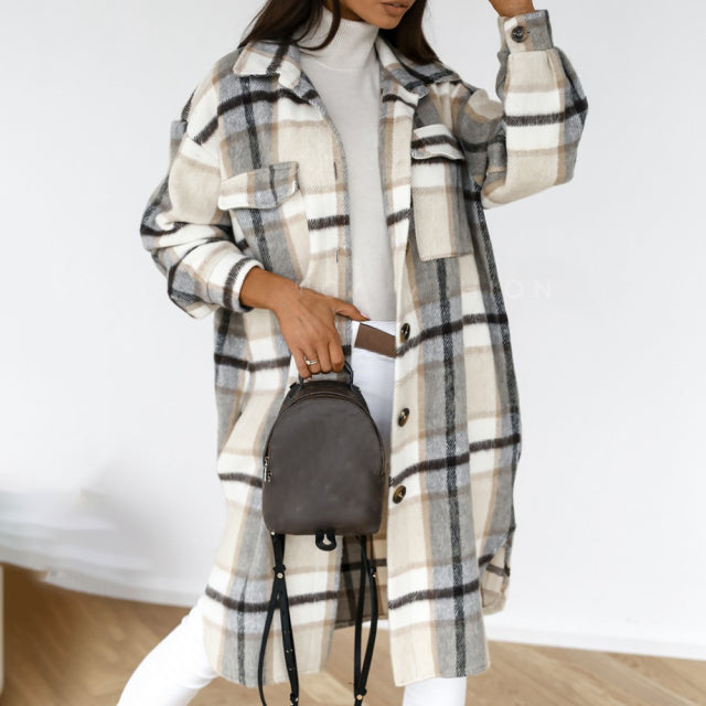 Women Checked Casual Turn Down Collar Plaid Long Oversized Coat