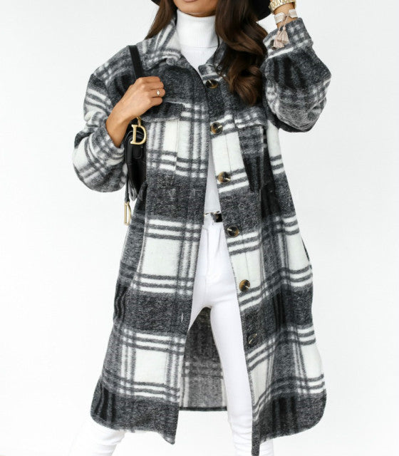 Women Checked Casual Turn Down Collar Plaid Long Oversized Coat