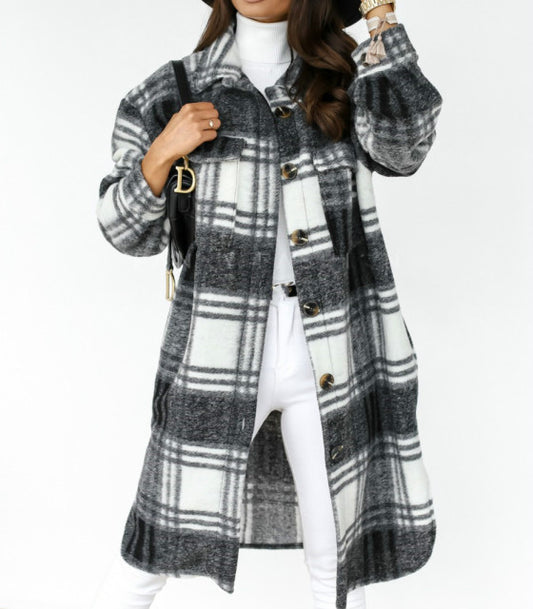 Women Checked Casual Turn Down Collar Plaid Long Oversized Coat