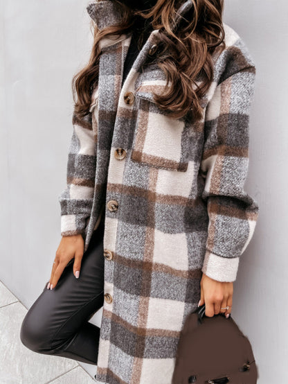 Women Checked Casual Turn Down Collar Plaid Long Oversized Coat