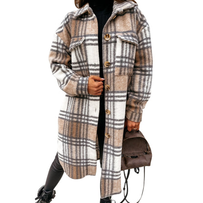 Women Checked Casual Turn Down Collar Plaid Long Oversized Coat