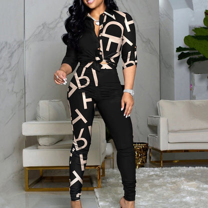 Women Chic Two Piece Letter Print Colorblock Knot Front Buttoned Top High Waist Pant Set