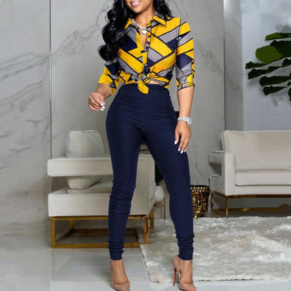 Women Chic Two Piece Letter Print Colorblock Knot Front Buttoned Top High Waist Pant Set