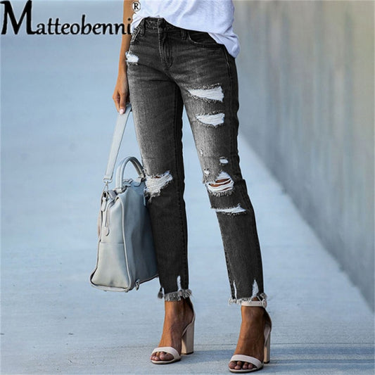 Women Stretch Ripped Distressed Skinny High Waist Denim Jeans